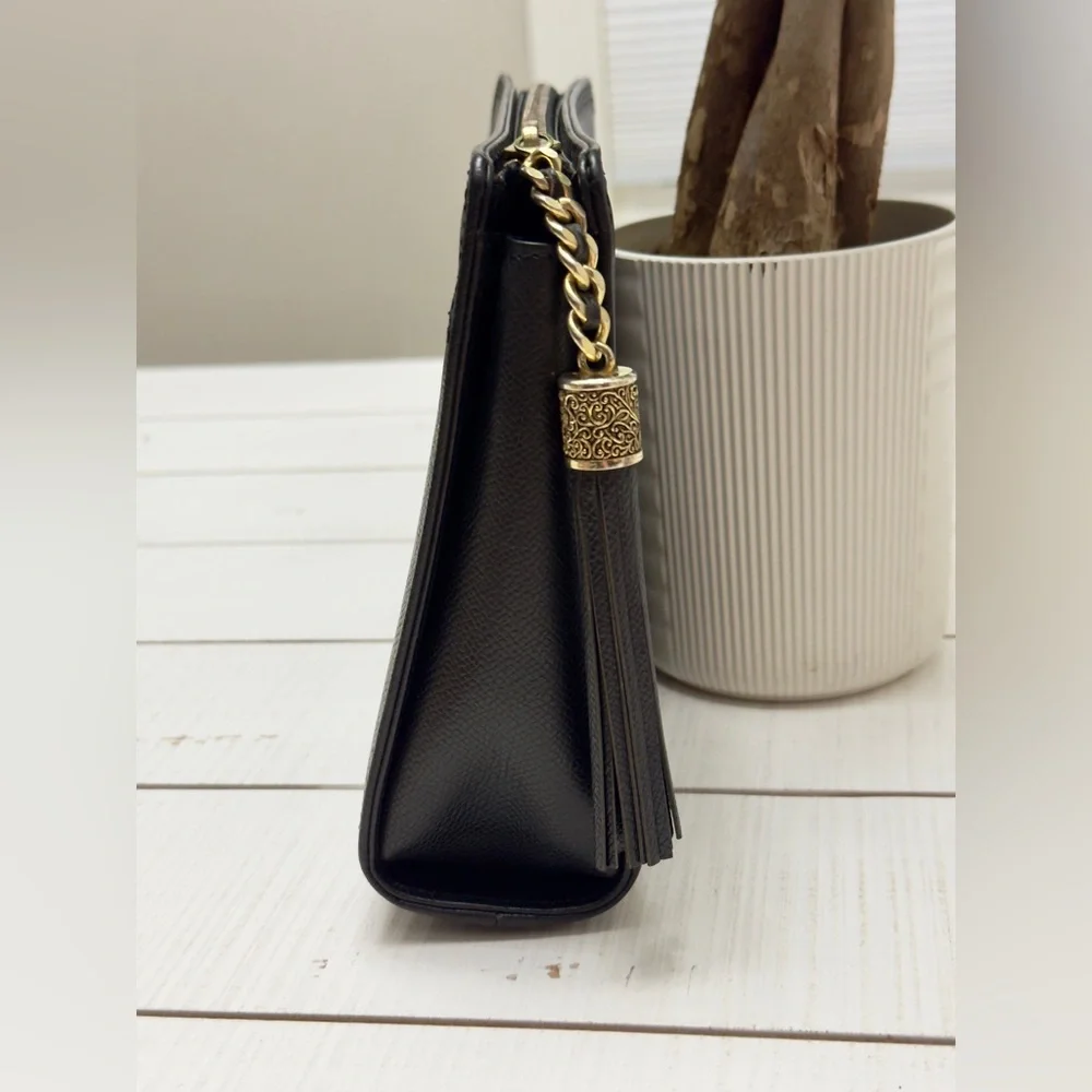 New Vintage VLTN Black Leather Clutch w Tassel - Picture 4 of 10
